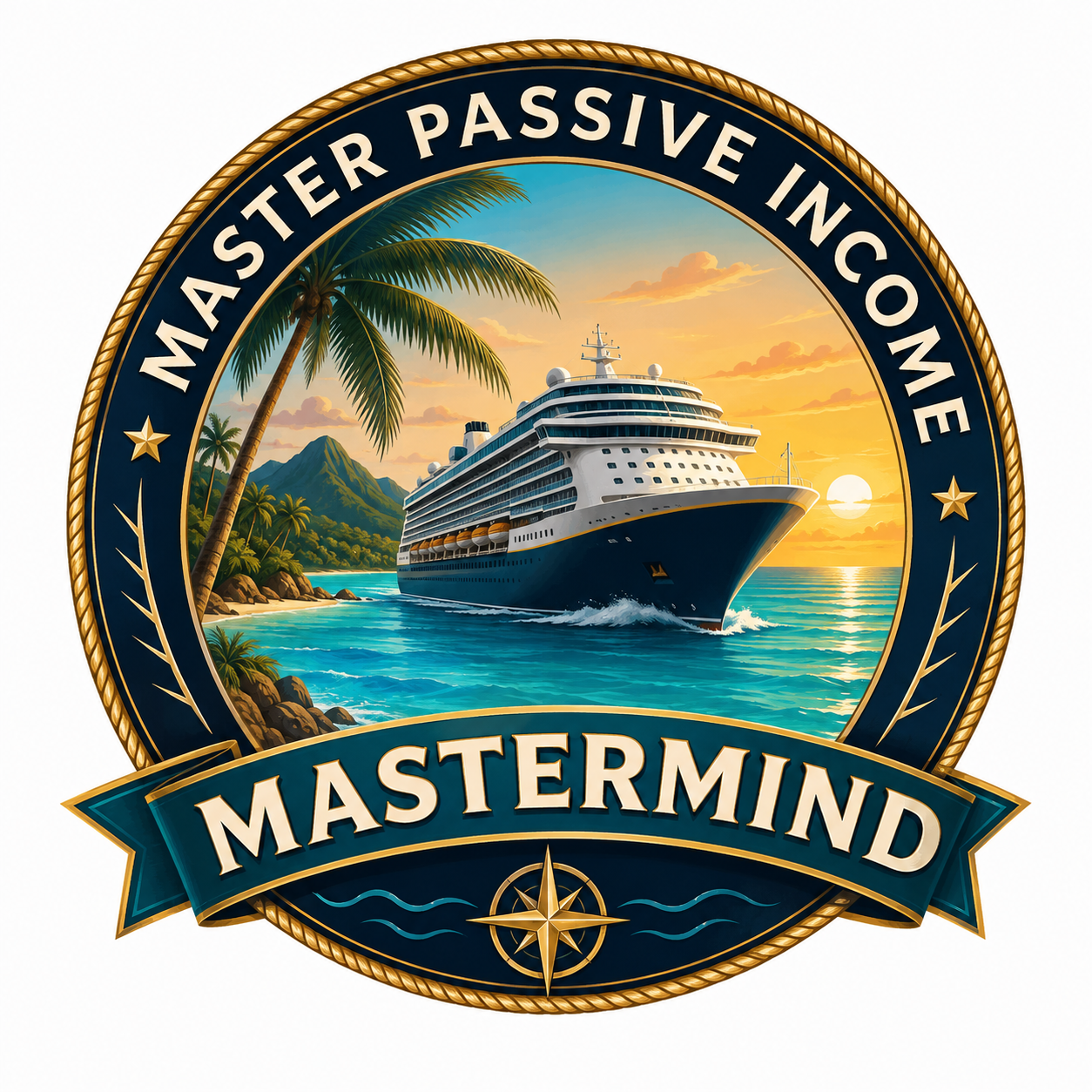 Master Passive Income Mastermind Cruise logo featuring a cruise ship in the Caribbean