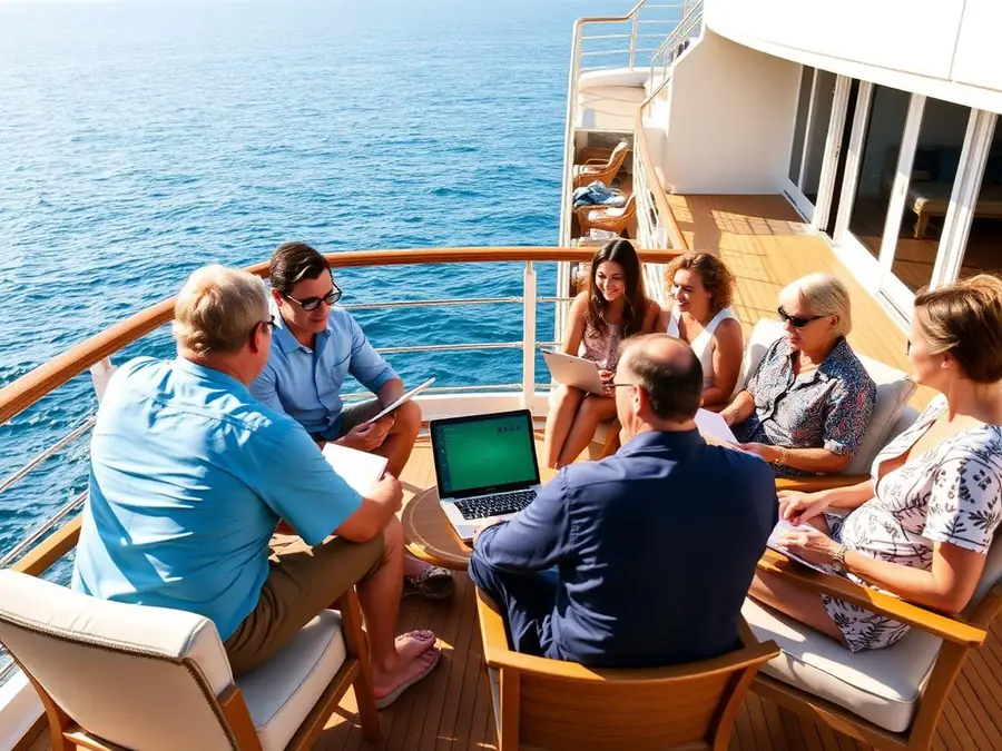 Investors in a mastermind session on a sunny ship deck