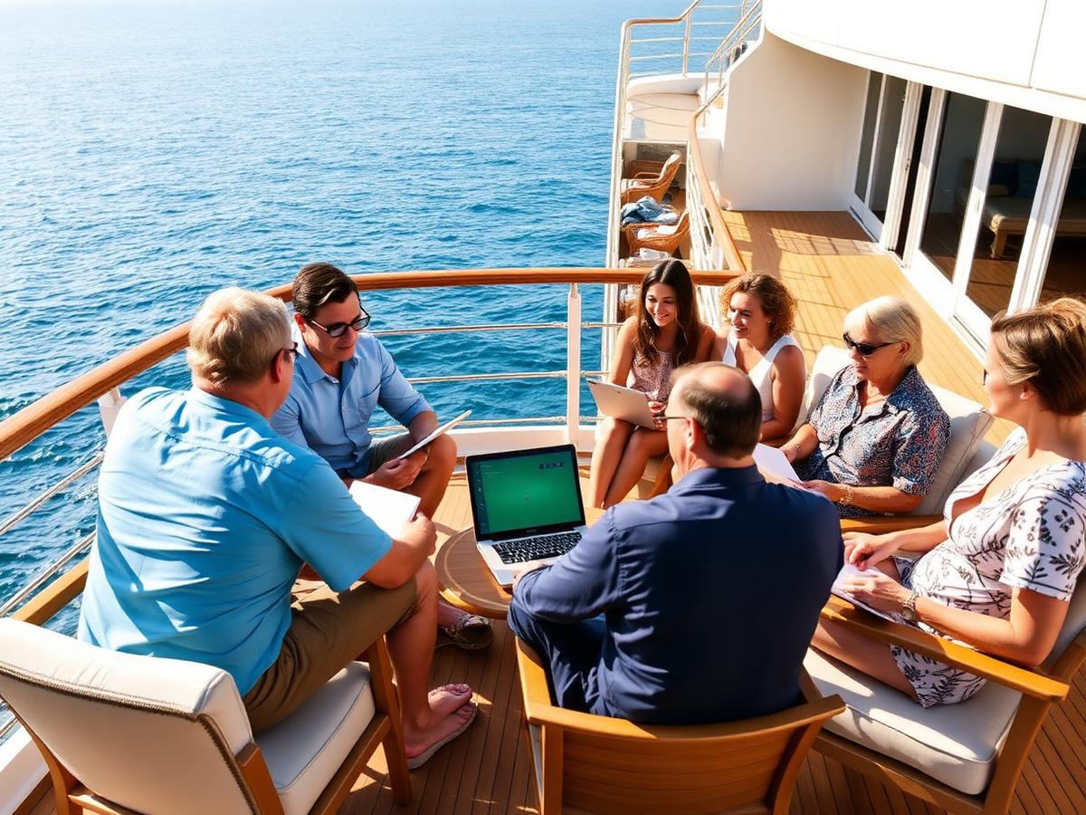 Investors in a mastermind session on a sunny ship deck